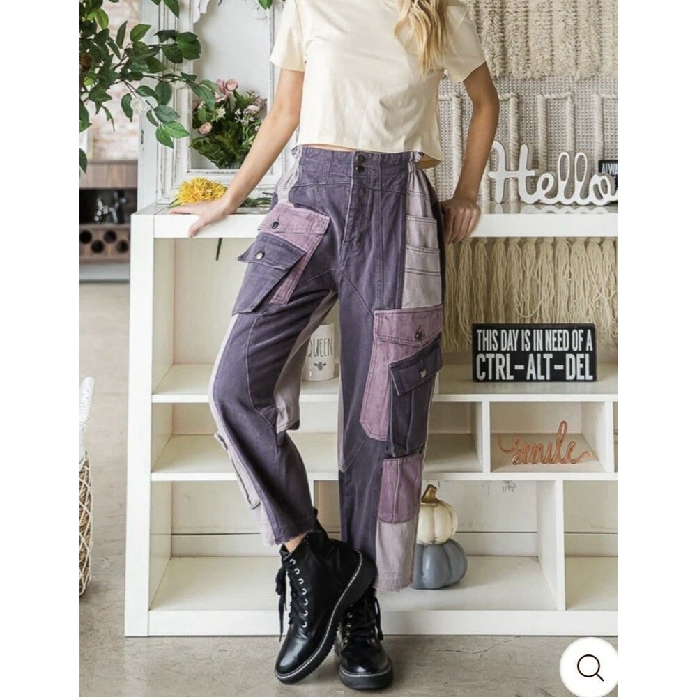 Oli & Hali Colorblock Patchwork Cargo Flare pants. Denim Cotton. Pockets. Small.